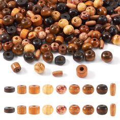 several different types of wooden beads on a white surface