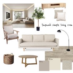 a living room with white furniture and neutral colors