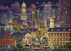 a painting of a city at night with people walking around and buildings lit up in the background