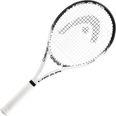 a black and white tennis racket on a white background