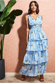 Goddiva Tiered Chiffon Floral Maxi - Powder Blue Blue Tiered Dress, Long Summer Dress, Floral Chiffon Maxi Dress, Chiffon Floral, Spring Floral Dress, Garden Parties, Long Summer Dresses, Brunch Outfit, Layered Skirt