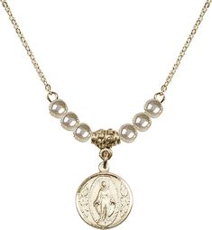 18" Hamilton Gold Plated Necklace With 4mm Faux-Pearl Beads Featuring A 14kt Gold Filled Miraculous Medal. Miraculous Medal, Gold Plated Necklace, Birthstone Necklace, 14kt Gold, Pearl Beads, Faux Pearl, Birthstone, Gold Filled, Silver Gold