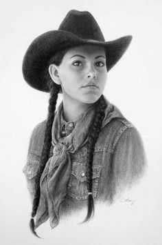 a drawing of a woman wearing a cowboy hat