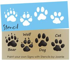 an animal's paw prints are shown with the words stencil wolf bear and cat