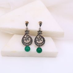 92.5 silver victorian earrings with emerald drops. Victorian Silver Chandelier Earrings, Ornate Green Filigree Earrings, Green Ornate Filigree Earrings, Victorian Green Earrings For Wedding, Green Sterling Silver Earrings With Oxidized Finish, Green Oxidized Drop Earrings, Green Oxidized Finish Earrings For Gift, Silver Teardrop Victorian Earrings, Victorian Silver Teardrop Earrings