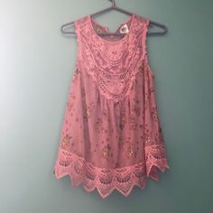 Size Large Juniors Self Esteem Tank With Laced Floral Pattern And Mesh Material. New Without Tags! Great Condition!! Butterfly Print Dress, Modern Victorian, Floral Tank, Mesh Material, Butterfly Print, Self Esteem, Pink Yellow, Kids Shirts, Print Dress