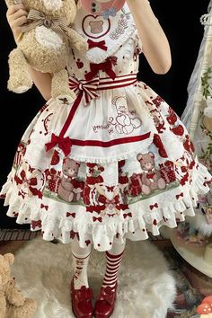 Red/White Short Sleeves Strawberry Bear Print Ruffle Bowknot Sweet Pl – LolitaInside Strawberry Bear, Punk Dress, Clothing Design, 4 Way Stretch Fabric, Bear Print, Lolita Dress, White Short, Gothic Lolita, Lolita Fashion