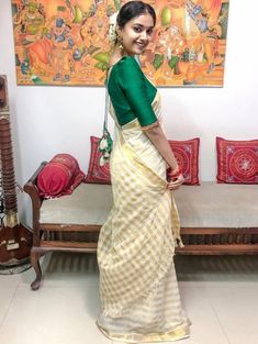 Contrast Saree, Ikat Blouse Designs, Kerala Saree Blouse, Kerala Saree