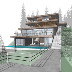 an architectural rendering of a modern house with pool and deck area in the foreground