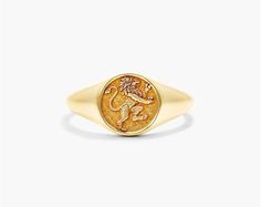 14K Yellow Gold Leo Zodiac Signet Ring. Leo is symbolized by the lion which represents vitality and creativity. The lion takes pride in its radiant and powerful presence. Inspired by mythological imagery, our Zodiac Signet Ring collection is the perfect talisman to channel this energy. Gold Lion Ring, Lion Signet Ring, Leo Ring, Leo Energy, Leo Jewelry, 14k Gold Signet Ring, Ring Inspo, Lion Ring, Lion Pendant