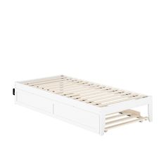 a white bed frame with two drawers on each side and an open drawer underneath it