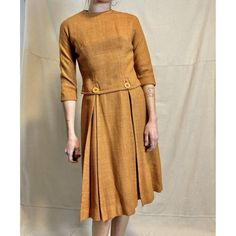 "Vintage Johnathan Logan Burnt Orange Two Piece Dress Wool XS. Dress measurements Pit to pit- 34\" Shoulder to shoulder- 27\" Waist- 24.5\" Length- 40\" Over top- Pit to pit- 36\" Shoulder to shoulder- 31\" Sleeve- 16\" Waist- 30\" Shoulder to hem- 19\"" Fitted Vintage Dress For Semi-formal Occasions, Brown Fitted Mid-length Dress, Fitted Mid-length Brown Dress, Fitted Classic Midi Dress For Fall, Classic Fitted Fall Dresses, Classic Fitted Dresses For Fall, Brown Fitted Pleated Dress, Classic Fitted Vintage Dress For Workwear, Fitted Workwear Dress With Set-in Sleeves