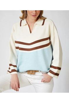 Baby blue & vanilla collar chunky knitwear sweater. Stripe design Baby blue and vanilla colors Chunky sweater Knit Chunky Sweater, Sweater Stripe, Knitwear Sweater, Chunky Knitwear, Chunky Sweater, Stripes Design, Baby Blue, Knitwear, Vanilla