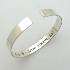 Adorable personalized cuff bracelet with a secret message. It is handmade of quality sterling silver and polished to a shiny look. Be sure to think over a meaningful message that will be engraved to create a lasting memory, also great birthday gift idea for her, Valentines day gift, mothers day gift etc.. The bracelet can be two sides engraved. The two-sided bracelet is comfy and looks very elegant and feminine. Both schick and meaningful note for your image! Great romantic gift for her! Order t Custom Silver Jewelry, Secret Message Bracelet, Custom Cuff Bracelet, Engraving Ideas, Engraved Bangle, Engraved Cuff, Message Bracelet, Hidden Message, Silver Jewels