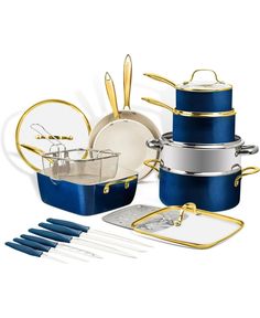 an assortment of cookware and utensils are shown