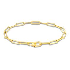 Dynamic paperclip chain links embrace together around the length this refined women's 3.8mm bracelet. Fashioned in 14K yellow gold, the 7.25-inch chain secures in place with a fancy clasp. Formal Chain Link Bracelet With Hook And Links, Modern Yellow Gold Paperclip Bracelet With Oval Link, Modern Yellow Gold Oval Link Paperclip Bracelet, Gold Chain Link Paperclip Bracelet, Formal Gold Link Bracelet With Hook And Links, Formal Gold Link Bracelet With Hooks, Classic Gold Oval Link Bracelet With Hooks, Modern Yellow Gold Paperclip Bracelet With Lobster Clasp, Modern Yellow Gold Chain Bracelet With Paperclip Chain