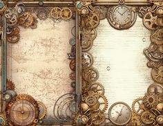 an old photo frame with clocks and gears on it's sides, as well as a grungy background