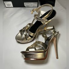 Saint Laurent Champagne Sandal Heels Brand New With Box And Dust Bag Sz 39 = Us 9 Heel 105 Platform Feel Free To Offer Luxury Gold Sandals With 4-inch Heel, Designer Evening Sandals With 4-inch Heel, Designer Formal Sandals With 4-inch Heel, Designer Sandals With 4-inch Heel For Gala, Luxury High Heel Sandals For Gala, Gold Ankle Strap Sandals For Galas, Luxury Open Heel Heels With Heel Loop, Luxury Open Toe Formal Heels, Luxury Open Heel Formal Heels