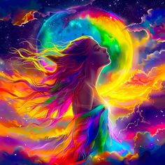 a woman with long hair standing in front of a full moon and rainbow colored clouds