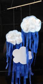 two paper clouds hanging from strings in the shape of clouds on a black background with blue ribbon