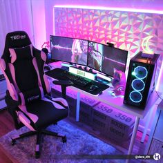 a gaming chair sitting in front of a computer desk