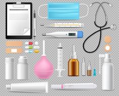 various medical supplies are arranged on a transparent background