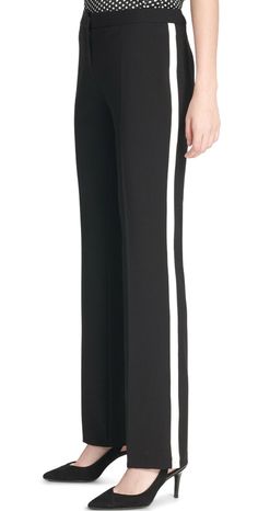 Calvin Klein Side Stripe Pants  Black with White Stripe  Women's Size 4 Brand New with Tags  MSRP $99 Black Trousers With Contrast Stripes, Chic Black Bottoms With Contrast Stripes, Chic Pants With Contrast Stripes, Chic Trousers With Contrast Stripes, Black Trousers With Vertical Stripes, Black Wide-leg Pants With Vertical Stripes, Black Wide Leg Pants With Contrast Stripes, Black Wide-leg Pants With Contrast Stripes, Black Bottoms With Contrast Stripes For Workwear