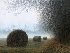 a painting of hay bales in a foggy field with trees and grass on either side