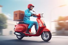 a man riding on the back of a red scooter with a box on it