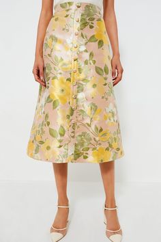 Lotus Jacquard Adalyn Skirt | Pomander Place Fitted White Blouse, Soft Gamine, Cocktail Attire, Color Crush, The Lotus, White Heels, Weekend Wear, Pink And Yellow, Night Looks