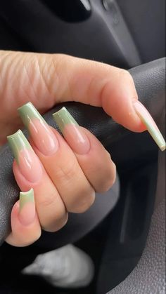 Trendy Nails 2023 French, Summer Nails Inspo 2023 Long, Aesthetic Green Nails Acrylic, Sheer Black Nails Acrylic, Classy Acrylic Nails Green, Gel Long Nails Ideas, Acrylic Summer Nails Coffin French Tip, Sage Green French Tip Nails Coffin, Light Green Coffin Acrylic Nails