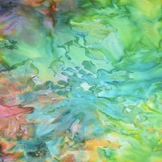 an abstract painting with green, yellow and blue colors