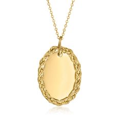 Ross-Simons - Plain - Italian 14kt Yellow Gold Roped Oval Pendant Necklace. 18". Here's a necklace for you and only you! This classic design presents a roped oval pendant in a sophisticated roped border. Suspends from a cable chain with a 2" extender. At such a nice price, this would make a great gift. Springring clasp, 14kt yellow gold roped oval pendant necklace. Oval Pendant Necklace, Fine Jewelery, Script Type, Oval Pendant, Cable Chain, Classic Design, Initials, Great Gifts, Cable