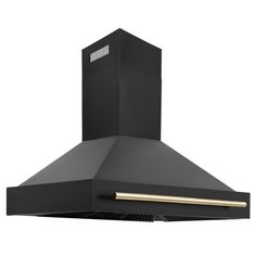 a black stove hood with two lights on the side and one light in the middle