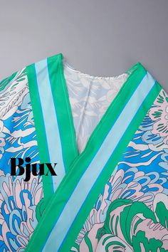 Bjux - Plus Size Two-Piece Casual Print Cardigan and Pants Set Green V-neck Sets For Spring, Spring Green V-neck Sets, Green V-neck Spring Sets, Spring V-neck Printed Sets, Green Vacation Sets For Spring, Suit Type, Long Sleeve Suit, Two Piece Jumpsuit, Plus Size Two Piece