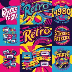 some type of art work with different colors and designs on it, including the words retro