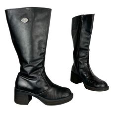 Harley Davidson Womens Boots Sz 7.5 Tall Moto Boots Pavement Style Black Leather Upper Chunky Platform Heel / Block Heel Inside Zip Closure Harley Logo Plaque On Outer Y2k Moto Biker Boots Preowned Sold As Is Minor Wear To Toe And Minor Discoloration On Back, Loose Threads In Opening, Inside Wear All Shown In Pictures Leather Knee-high Moto Boots With Leather Sole, Leather Moto Boots With Chunky Platform Knee-high, Leather Knee-high Platform Moto Boots, Edgy Knee-high Moto Boots With Buckle Closure, Womens Harley Davidson Boots, Harley Davidson Shoes, Black High-top Moto Boots With Buckle Closure, Platform Heels Chunky, Chunky Platform