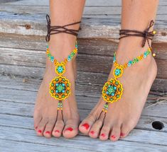 This listing is for a PAIR of beautiful and UNIQUE barefoot sandals handmade in the HUICHOL style. Made of high quality Japanese myuki seed beads and extra strong nylon thread. These sandals are very resistant and suitable for many environments. They will embellish your feet and you can wear it with sandals in a variety of styles from work to casual to evening attire. Beautiful to wear on a beach or garden wedding. Great and very comfortable for making yoga, hula hoop, belly dance and dancing. T Bohemian Colorful Beads Anklet For Vacation, Bohemian Summer Anklets With Colorful Beads, Bohemian Beaded Toe Ring Jewelry, Beaded Toe Ring For Festivals, Beaded Barefoot Sandals For Vacation And Festivals, Beaded Jewelry For Beach Festivals, Traditional Summer Beaded Jewelry, Bohemian Festival Jewelry For The Beach, Handmade Multicolor Bohemian Barefoot Sandals