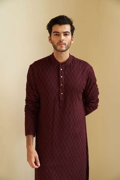 Ox Blood Kurta Set - Contrast by Parth Red chikankari kurta with pants Included in purchase: Kurta and Pants Product Specification Color: Red (can be customized) Fabric: Chikankari georgette Occasion: Formal Event, Wedding, Bridal, Reception Style: Kurta Set Designer: Contrast by Parth Care: Dry Clean Only Work: Hand Embroidered ( Variation in color, fabric & detail is possible. Model images are only representative.) This can be customized in any color, size or style of your choice. ** Please co Hand Embroidery Indian, Red Kurta Set, Kurta Designs Men's, Wedding Kurta For Men, Kurta Pajama Men, Wedding Dresses Men Indian, Gents Kurta Design, Red Kurta, Gents Kurta