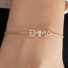 This 14k personalized diamond name bracelet is the perfect gift for the bridal party, someone special, or yourself. * All letters are capital. __________________________________________ M A T E R I A L & L E N G T H Available in 14k Yellow Gold, 14k Rose Gold, 14k White Gold, Sterling Silver Stone: Natural Diamond Thickness: 1.2mm / 0.05" Initials: 6 mm Diamond: 0.15 ct. - 0.40 ct. depending on the name Bracelet length: 6+1 inches (Please let us know if you prefer a different length) Color: G Qu All Letters, Letter Bracelet, Diamond Gift, Gold Diamond Jewelry, Special Jewelry, Name Bracelet, Quality Diamonds, Delicate Bracelet, Bridal Party