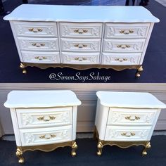 two white and gold dressers side by side