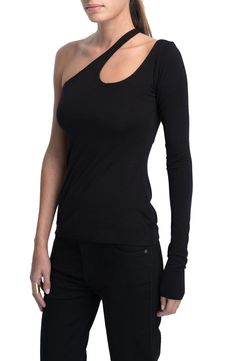 This close-fitting top is designed in a sleek shoulder-baring silhouette with an edgy neckline cutout. One-shoulder neck Single long sleeve 96% Tencel® lyocell, 4% elastane Tencel lyocell is a more-sustainably produced fiber made with closed-loop processing Machine wash, line dry Imported Modern Off-shoulder Tops For Night Out, Black Top With Asymmetrical Neckline In Elastane, Edgy One Shoulder Top For Night Out, Modern Tops With Asymmetrical Neckline For Night Out, Modern Asymmetrical Neckline Top For Night Out, Modern Fitted One-shoulder Top For Night Out, Sleek Top With Asymmetrical Neckline For Night Out, Sleek Off-shoulder Top, Fitted Cold Shoulder Tops For Night Out