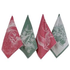 three napkins with different designs on them are lined up in the shape of triangle