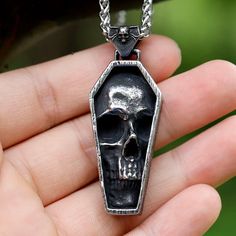 Stainless Steel Men's Necklace Gothic Coffin Skull Amulet Punk Vintage Jewelry Punk Style Metal Necklace With Skull Print, Punk Metal Necklace With Skull Print, Black Skull Jewelry Grunge Style, Punk Style Skull Print Necklace For Gifts, Black Skull Shaped Grunge Jewelry, Black Skull Grunge Jewelry, Edgy Halloween Streetwear Necklaces, Edgy Halloween Streetwear Necklace, Punk Skull Shaped Stainless Steel Necklace