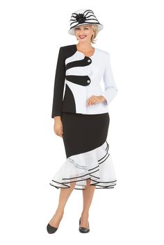 Giovanna G1184 two tone skirt suit Fitted Black Skirt Suit For Spring, Fitted White Skirt For Formal Occasions, Fitted White Skirt Suit, White Stretch Workwear Sets, White Stretch Sets For Workwear, White Fitted Sets For Workwear, Suit Colors, Scuba Skirt, Skirt Suit