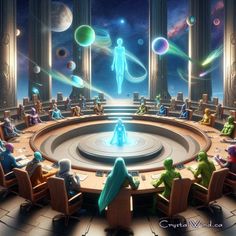 a group of people sitting around a table in front of a space filled with planets