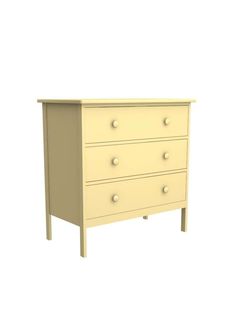 a white dresser with three drawers and two doors on one side, in front of a white background