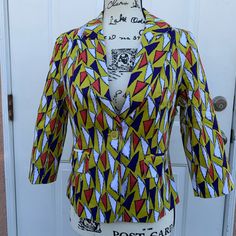 * Countess Colorful Triangle Pattern Blazer Sz Medium * Two Front Pockets * One Front Button Closure * Super Cute * Brand New Multicolor Cotton Outerwear For Work, Fitted Cotton Retro Blazer, Retro Fitted Cotton Blazer, Vibrant Fitted Cotton Top, Spring Multicolor Cotton Blazer, Multicolor Cotton Blazer For Fall, Fitted Multicolor Cotton Outerwear, Yellow Long-sleeved Cotton Blazer, Fitted Yellow Cotton Outerwear