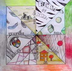 a drawing with different colors and shapes on it's side, including the words elements of design