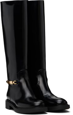 Mid-calf polished calfskin boots in black. · Fixed pin-buckle hardware at outer side · Logo-embossed at rubber midsole · Treaded rubber sole Supplier color: Dover black Elegant Workwear Moto Boots With Leather Lining, Classic Patent Leather Business Boots, Classic Patent Leather Boots For Business, Leather Boots With Horsebit Detail For Work, Luxury Leather-lined Boots For Work, Elegant Moto Boots With Leather Lining For Business, Luxury Moto Boots For Business In Fall, Elegant Moto Boots With Calf Leather And Leather Sole, Luxury Knee-high Boots With Leather Sole For Business